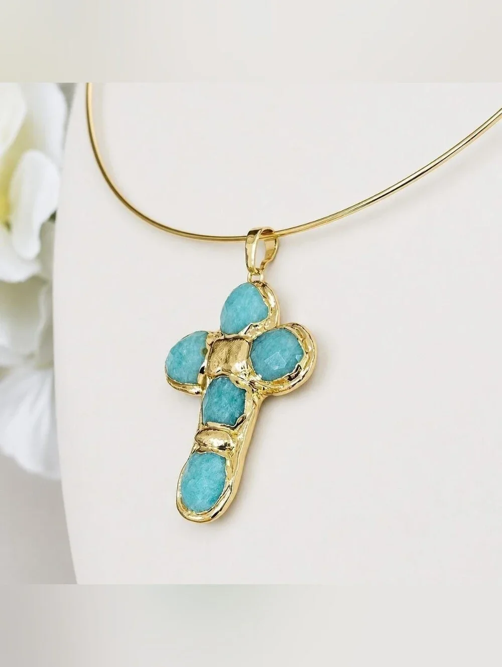 Natural Stone Cross Choker Necklace